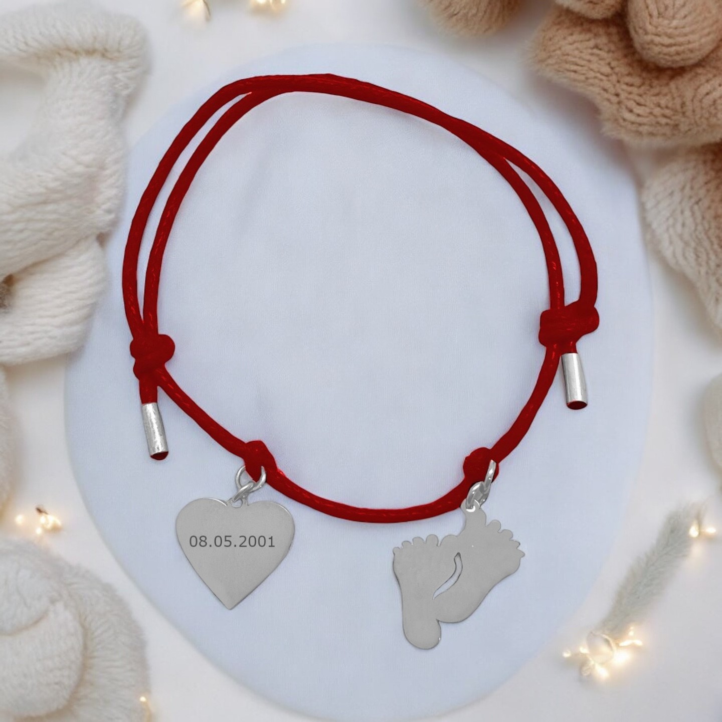 Bransoletka sznurkowa serce stópki 925