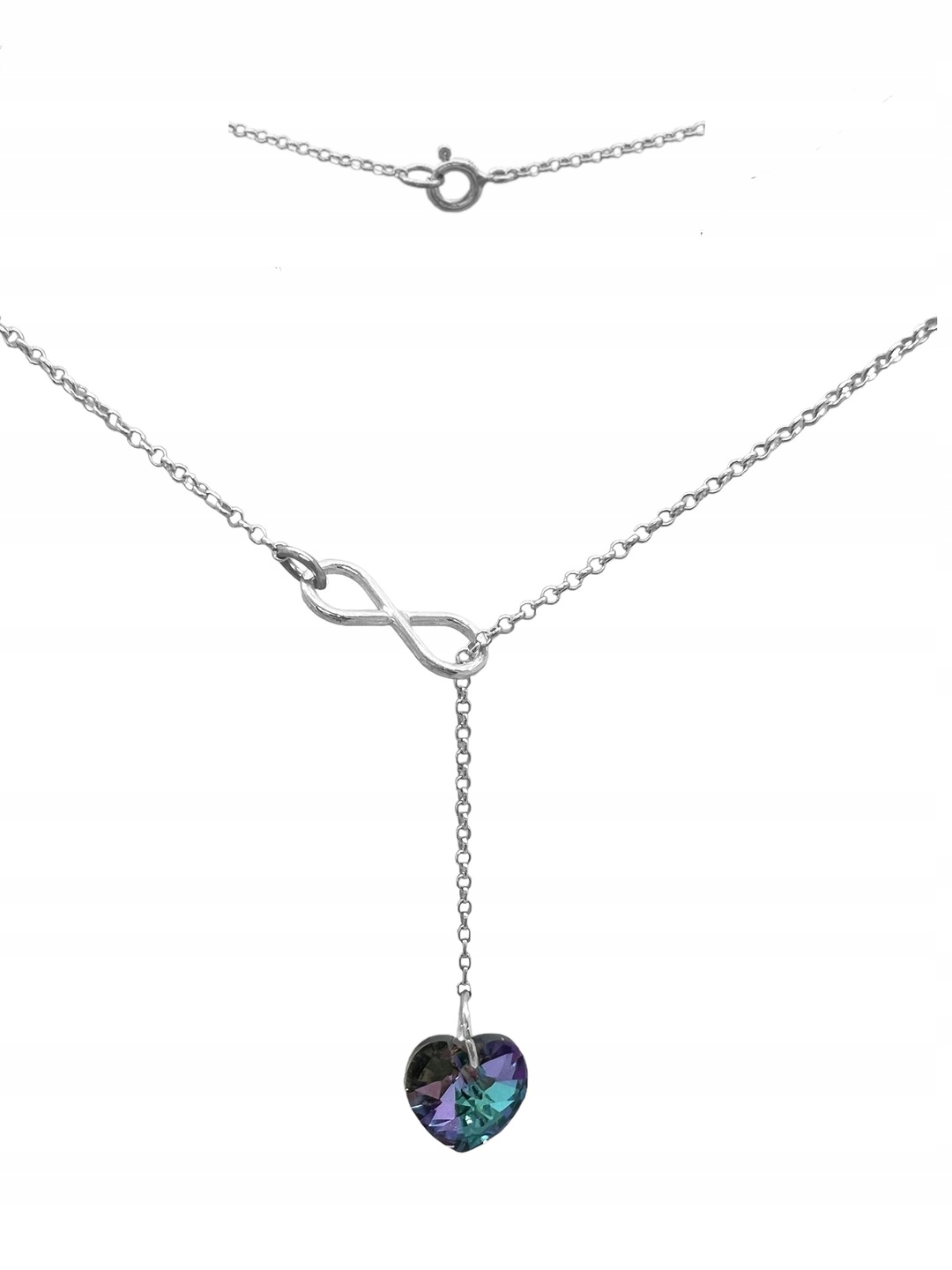 Naszyjnik znak nieskończoności z sercem kryształem wykonany z najwyższej próby srebra 925. 